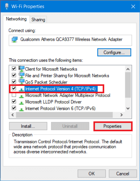 choose Internet Protocol Version 4 (TCPIPv4) from the list and click on Properties.