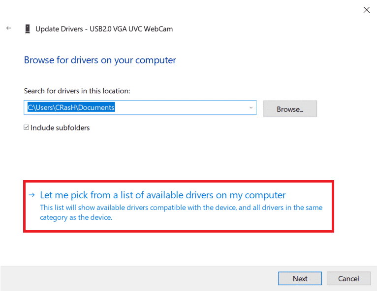 choose Let me pick from a list of available drivers on my computer