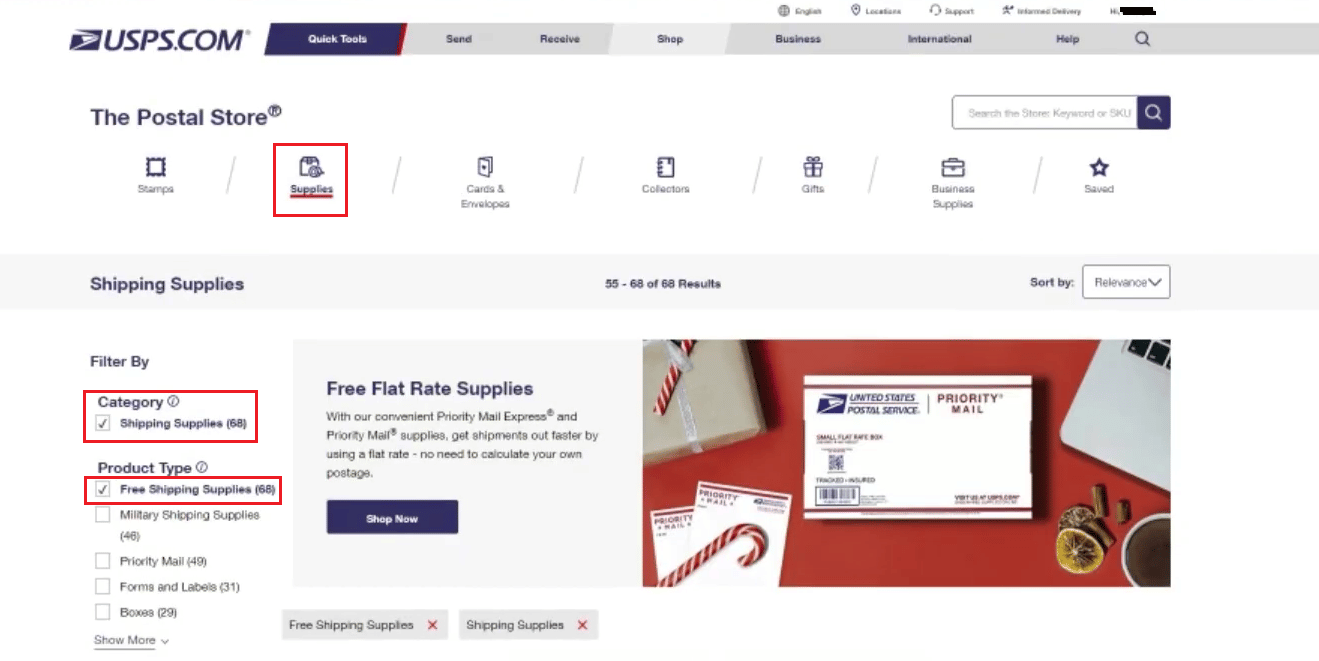 choose Shipping Supplies under the Category section and Free Shipping Supplies under the Product Type category | reset password or change username on USPS.com