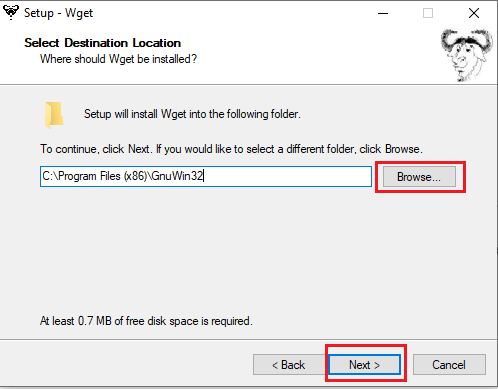 Choose a destination folder to save the Setup and click Next | Install WGET for Windows
