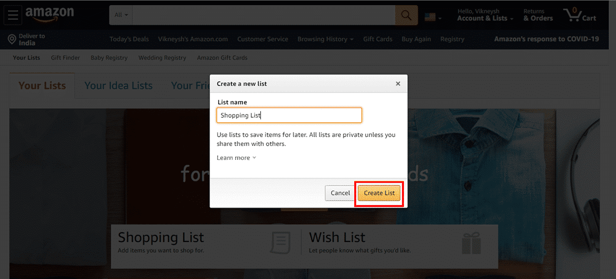 choose a name for your list and click on the Create List option. | How to Find Someone’s Amazon Wish List?