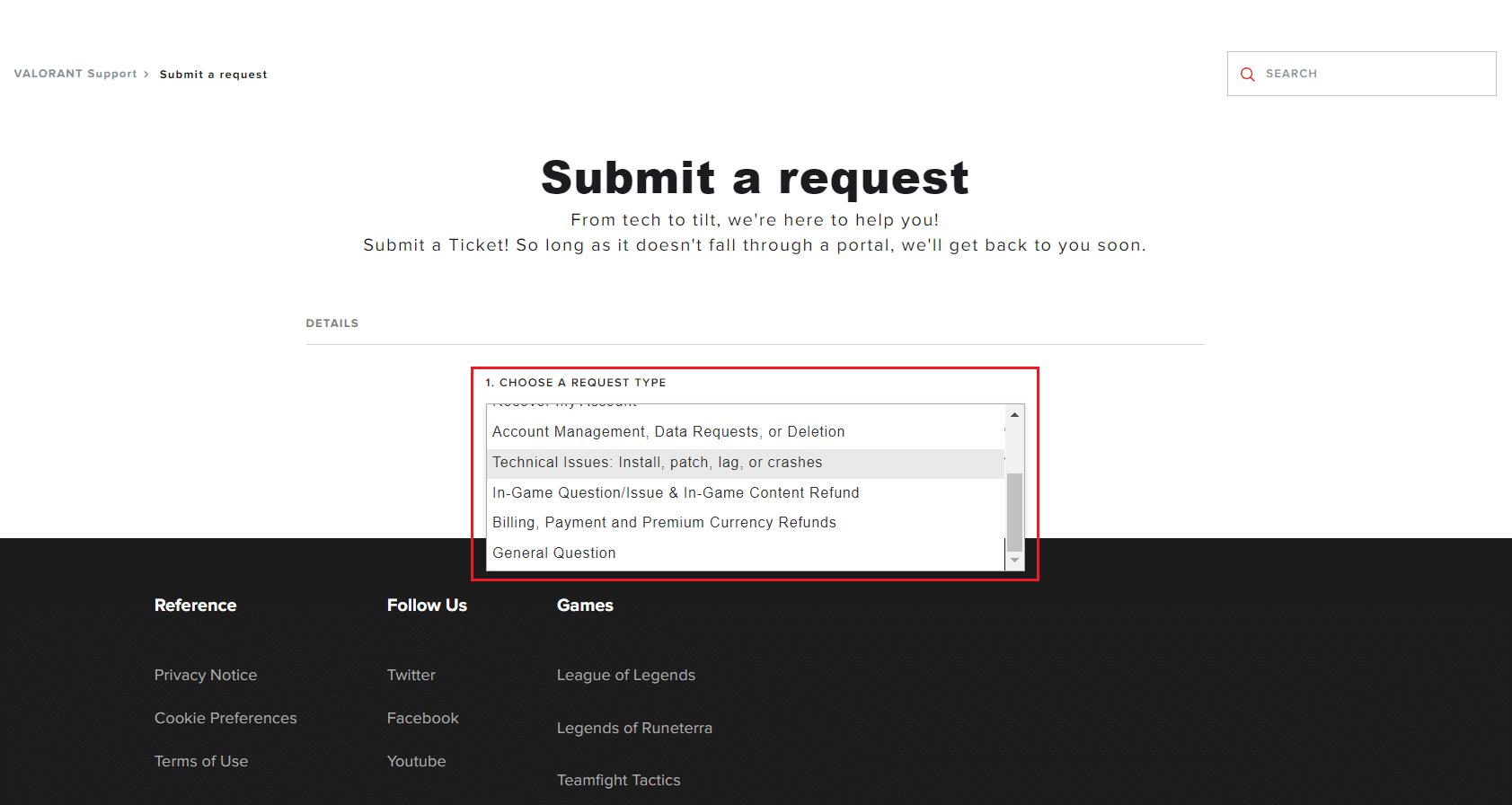 choose a request type in valorant support page