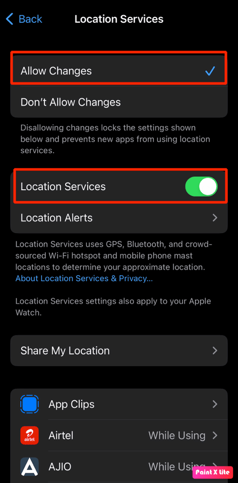choose allow changes and toggle on location services