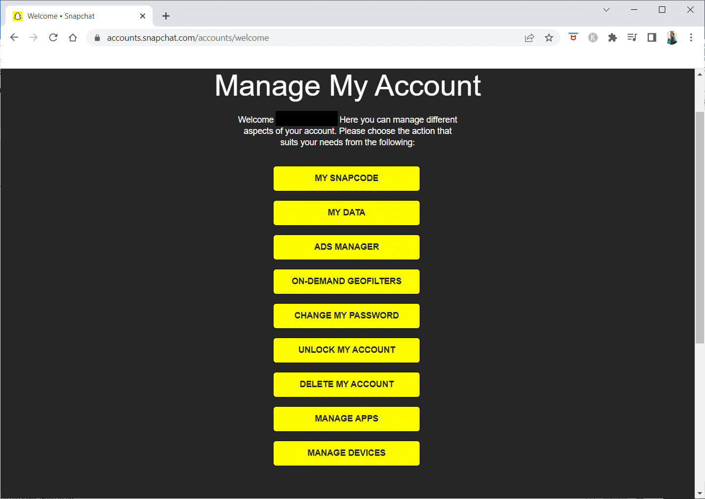 Choose an option to manage your account now on Chrome | How to Get Dark Mode on Snapchat without App Appearance
