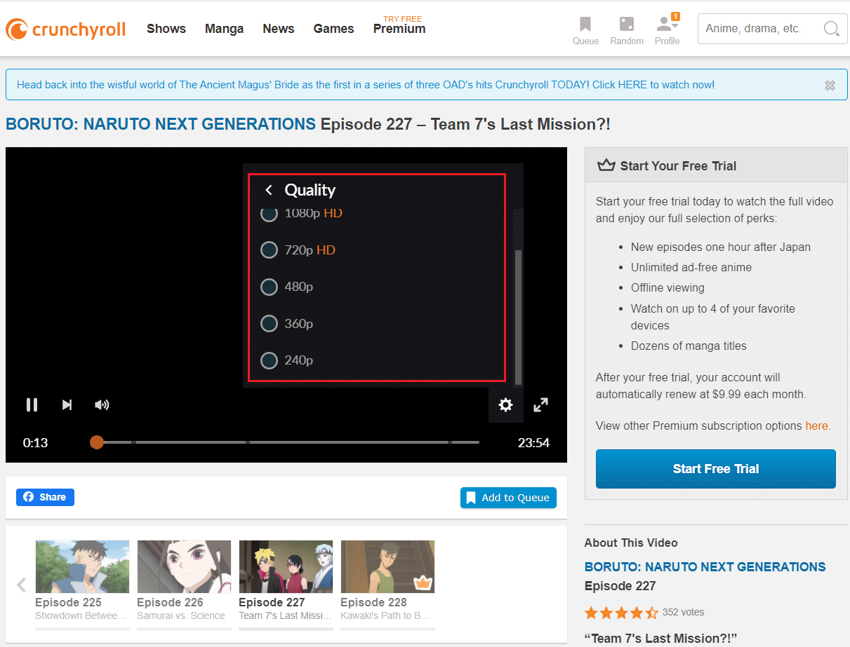 choose any one quality for video in Crunchyroll webpage. How to Fix Crunchyroll Not Working
