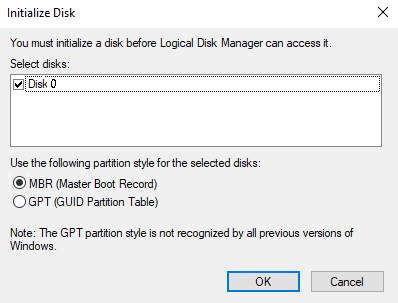 Choose between a Master Boot Record MBR and a GUID Partition Table GPT as soon as you start the procedure.