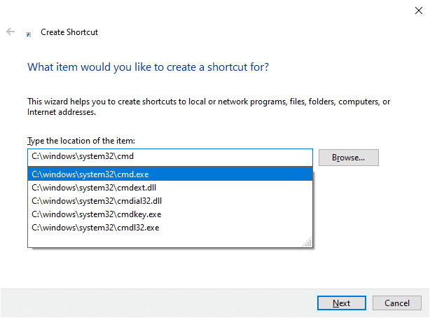 Wählen Sie C:windowssystem32cmd.exe aus dem Dropdown-Menü. Fix: Eingabeaufforderung wird unter Windows 10 angezeigt und dann wieder ausgeblendet