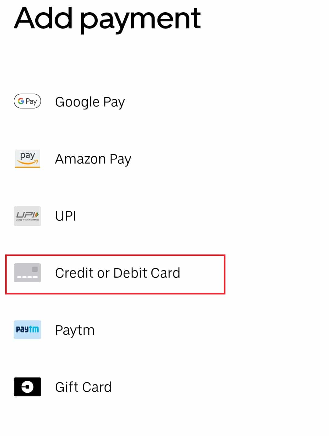 Choose Credit or Debit Card