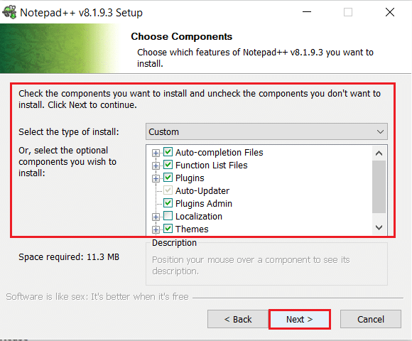 choose custom components and click on Next in installation wizard