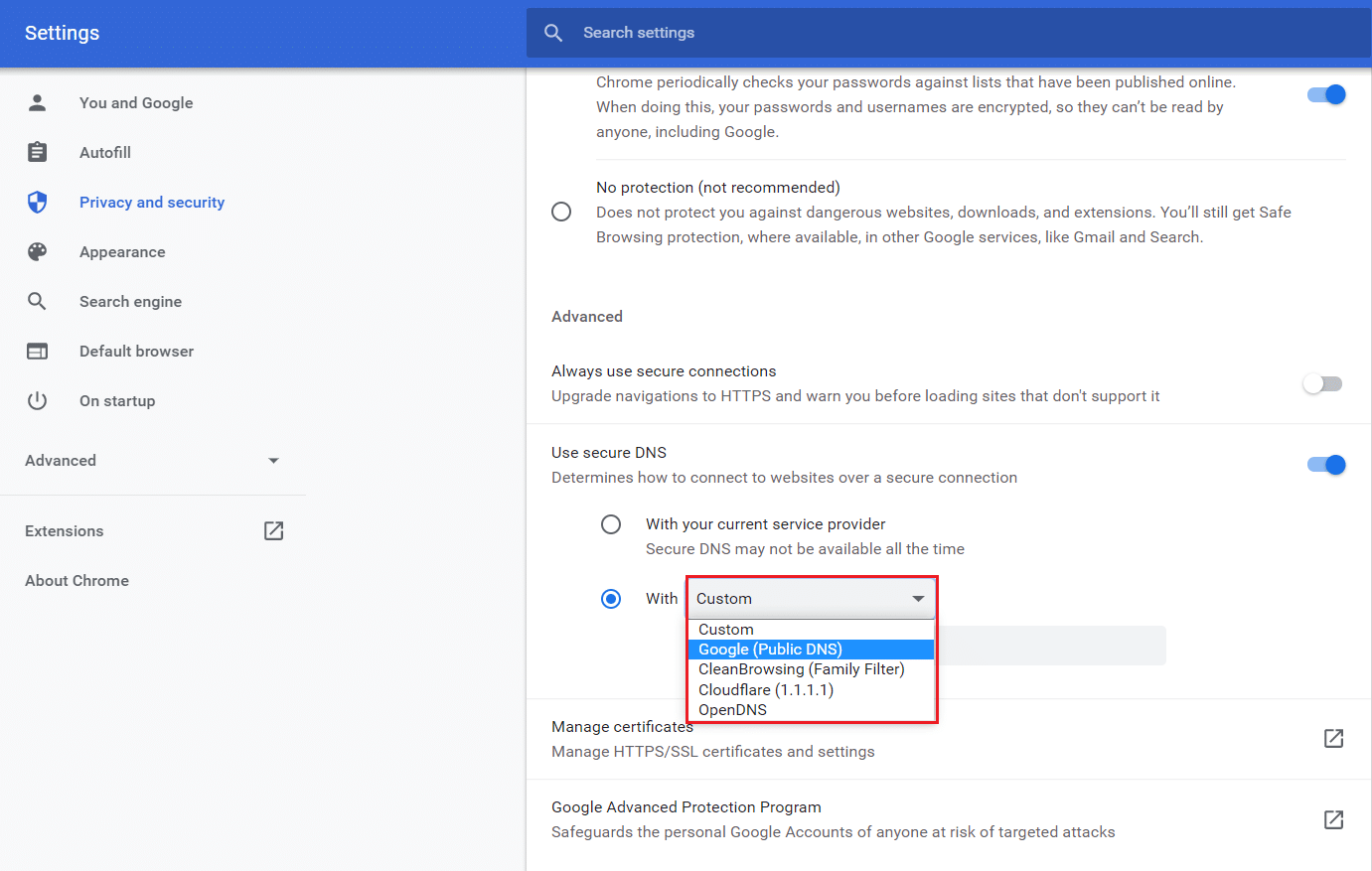 choose custom secure dns in chrome settings. How to Enable DNS over HTTPS Chrome