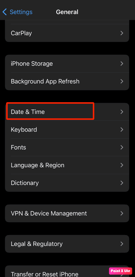 Wählen Sie die Option „Datum und Uhrzeit“ | So beheben Sie das Problem „Mein Standort teilen“ auf dem iPhone ist ausgegraut