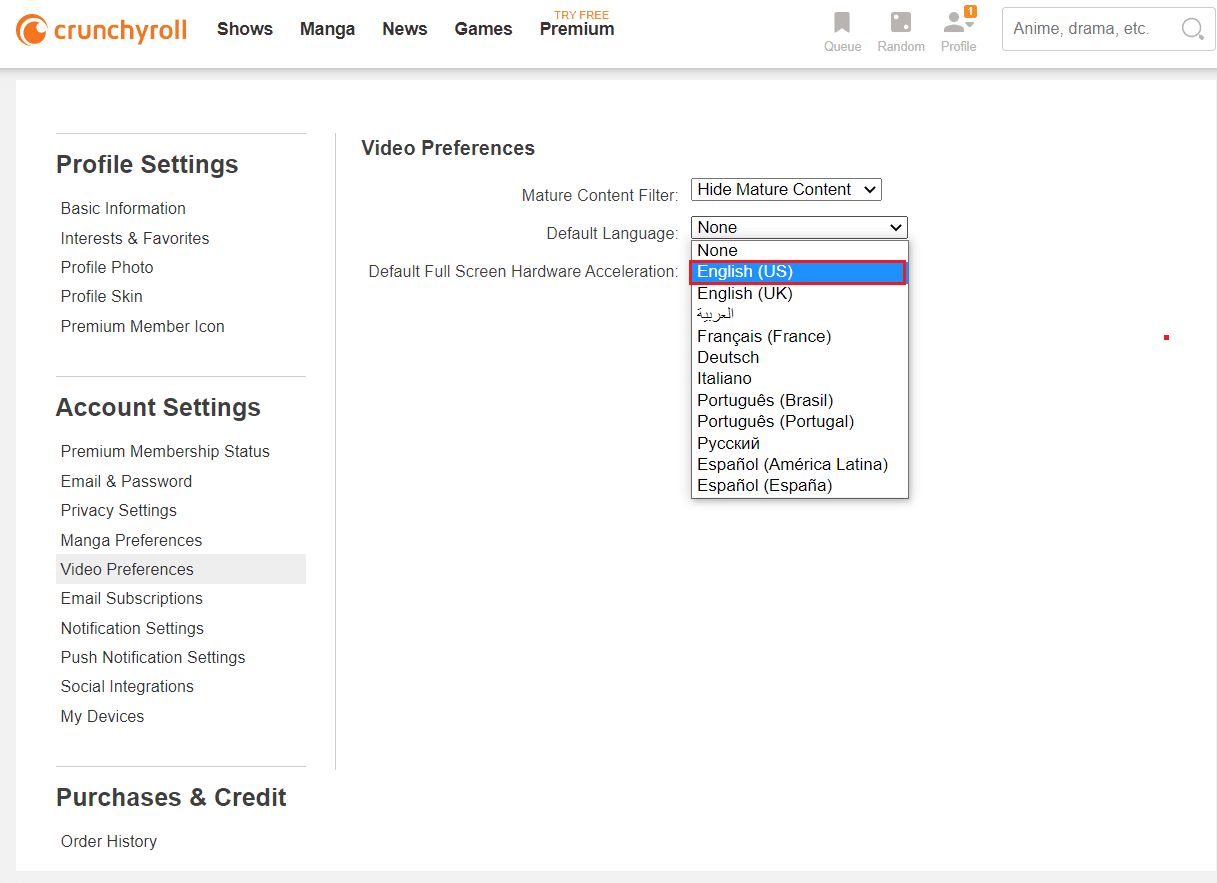 choose default language in Crunchyroll webpage settings