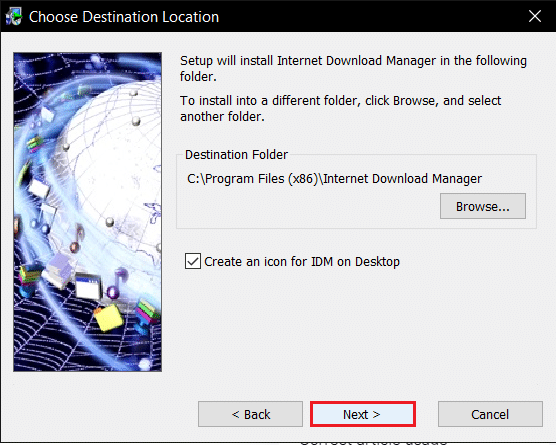 choose destination location to install idm