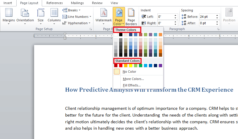 Choose from theme or standard colors | How to Change Background Color in Microsoft Word