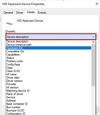 Choose Hardware IDs from the Device description dropdown menu
