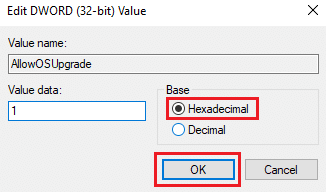 在 Base 下選擇 Hexadecimal，然後按 OK。如何修復錯誤 0x80070002 Windows 10