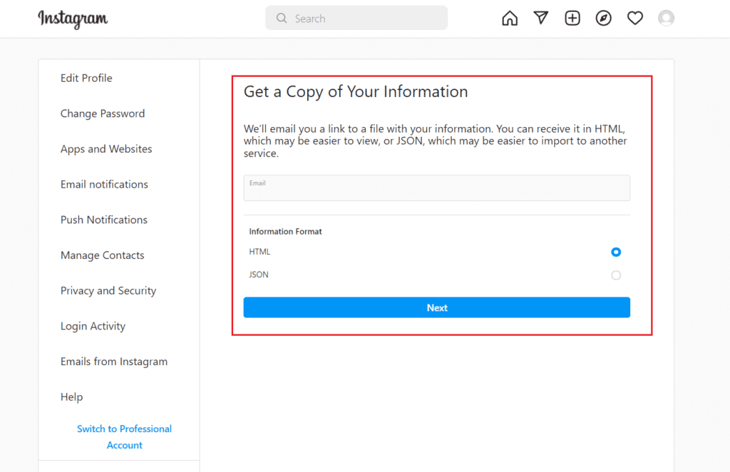 Choose HTML or JSON and click on Next