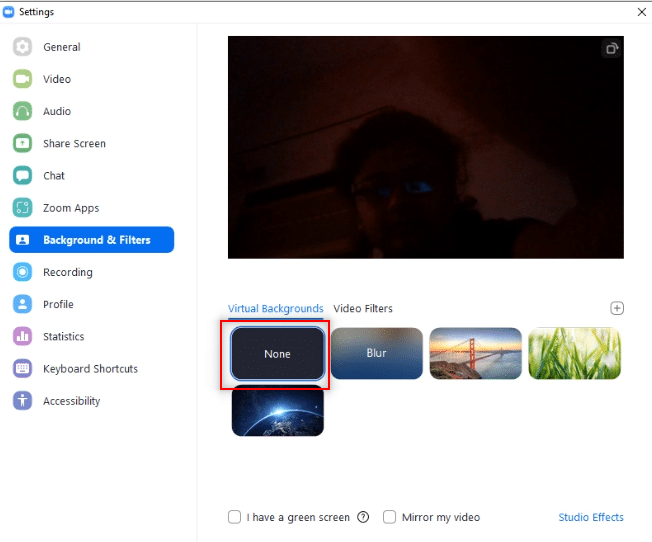 Choose None option in the Virtual Backgrounds tab 