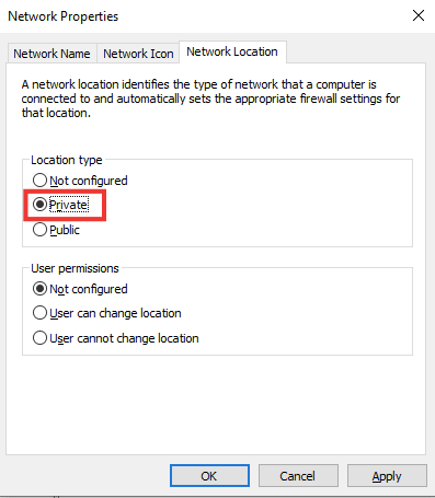 choose private location type. Fix Windows 10 Network Profile Missing Problem