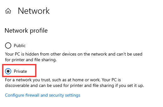 Choose Private network profile option
