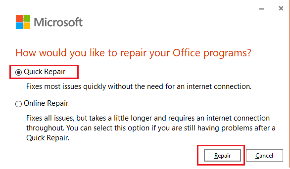 Выберите «Быстрое восстановление» и нажмите кнопку «Восстановить», чтобы продолжить. 14 способов исправить ошибку Microsoft Outlook 0x80040115