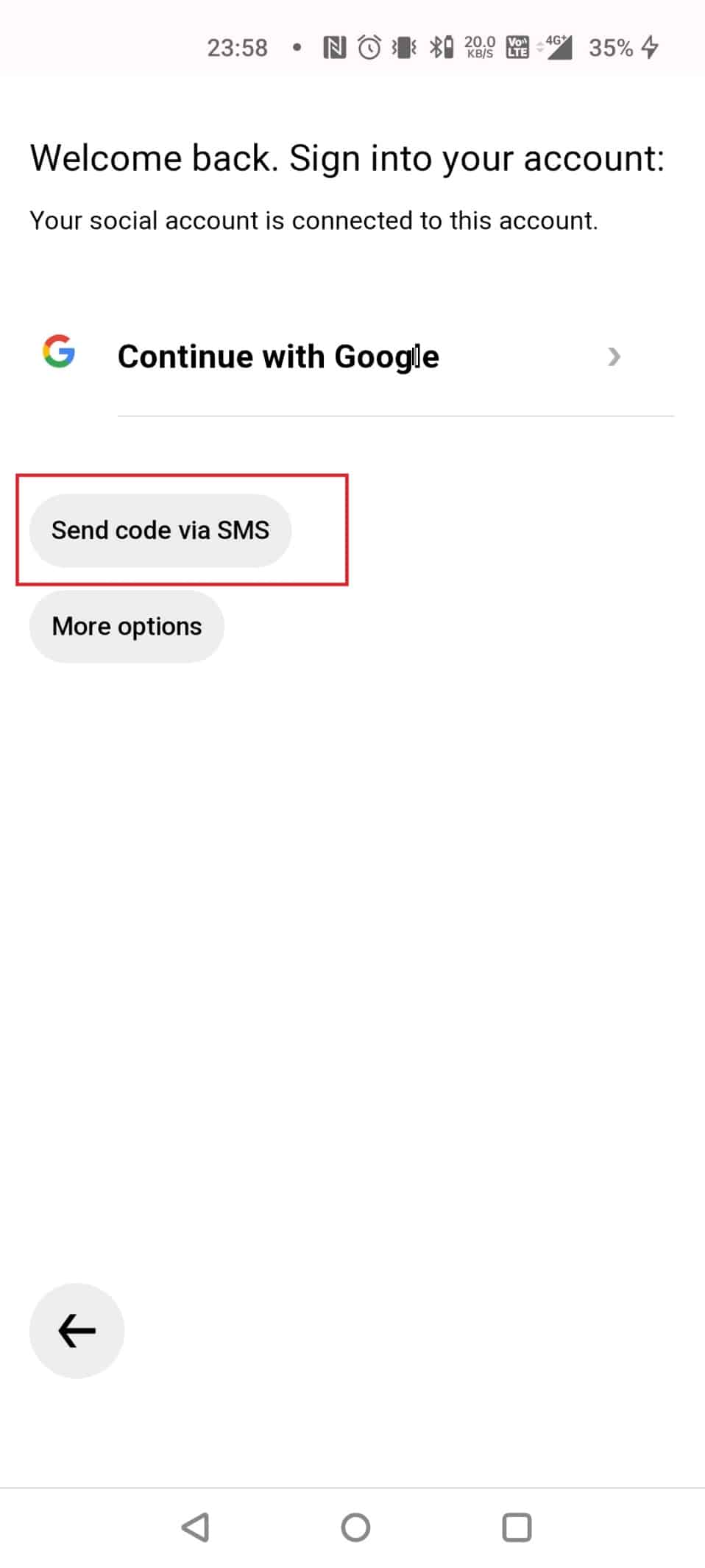SMS를 통해 코드 보내기를 선택하세요.