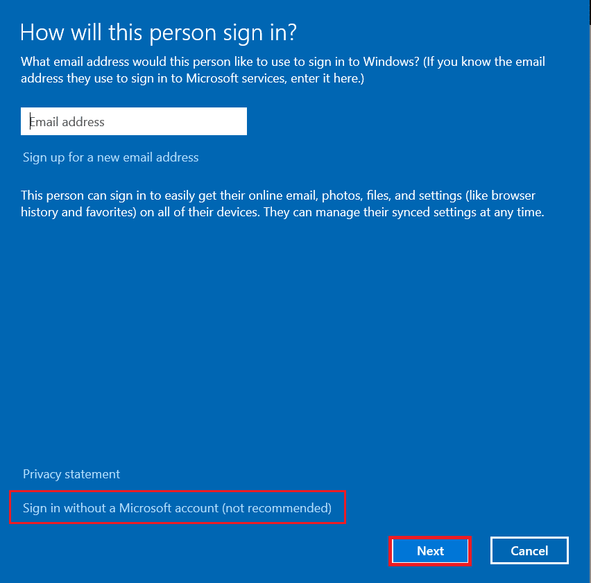Choose Sign in without a Microsoft account not recommended option and click on Next