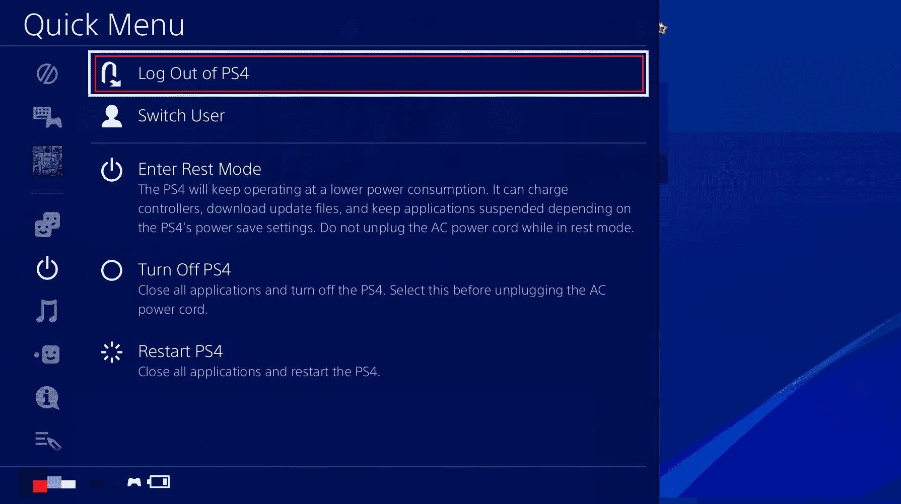 choose the Log Out of PS4 option