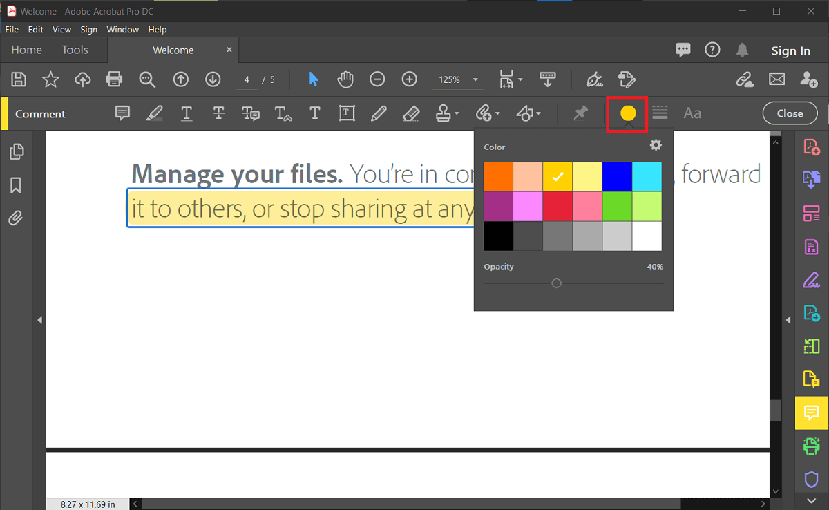 choose the color of your liking using the ‘color picker’ option on the toolbar. | How to Change Highlight Color in Adobe Acrobat Reader?