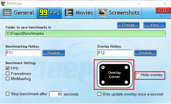 Выберите угол в Overlay Corner, в котором вы хотите, чтобы FPS отображался на экране.
