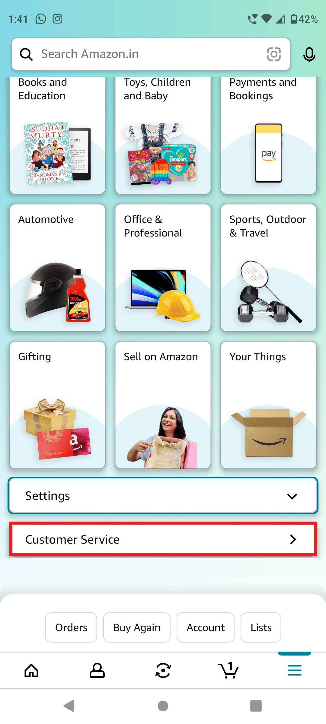 escolle a opción Atención ao cliente en Amazon
