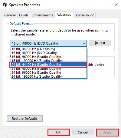 choose the default format in the advanced tab of Speaker Properties