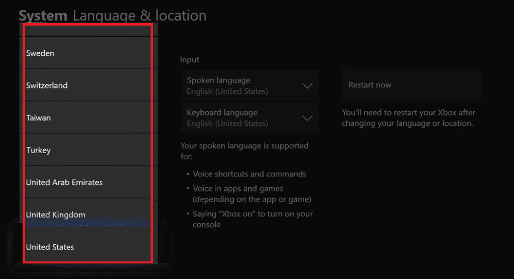 choose the desired location in xbox system language and location. Fix Xbox One Error 0x807a1007