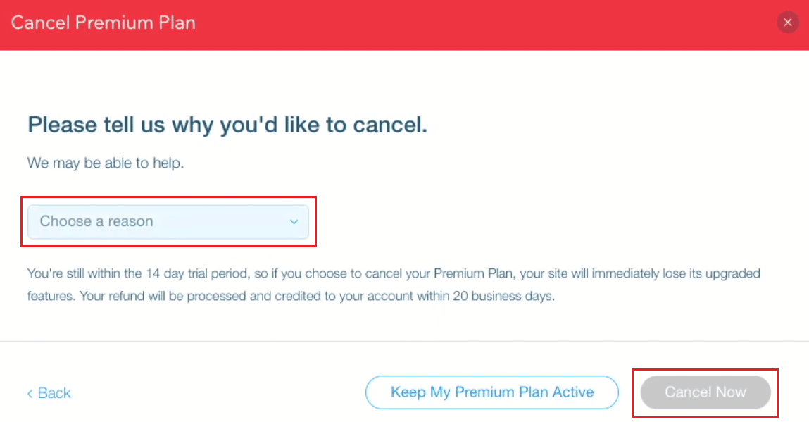 choose the desired reason for canceling the subscription and click on Cancel Now