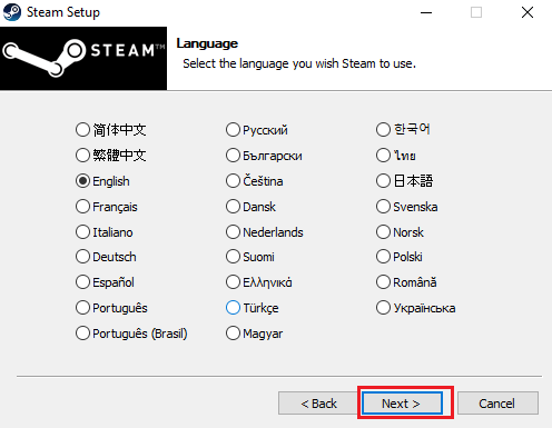 Choose the language for Steam and click Next
