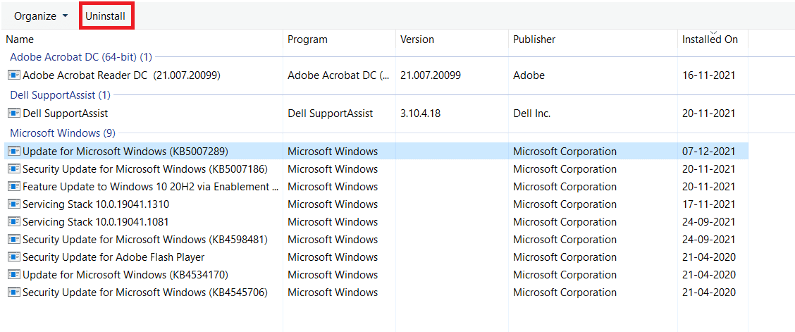 Vælg den seneste opdatering af Microsoft Windows, og klik på Afinstaller
