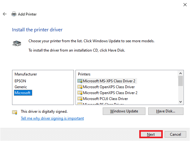 выберите производителя и принтеры и нажмите «Далее». Исправить доменные службы Active Directory в настоящее время недоступны в Windows 10