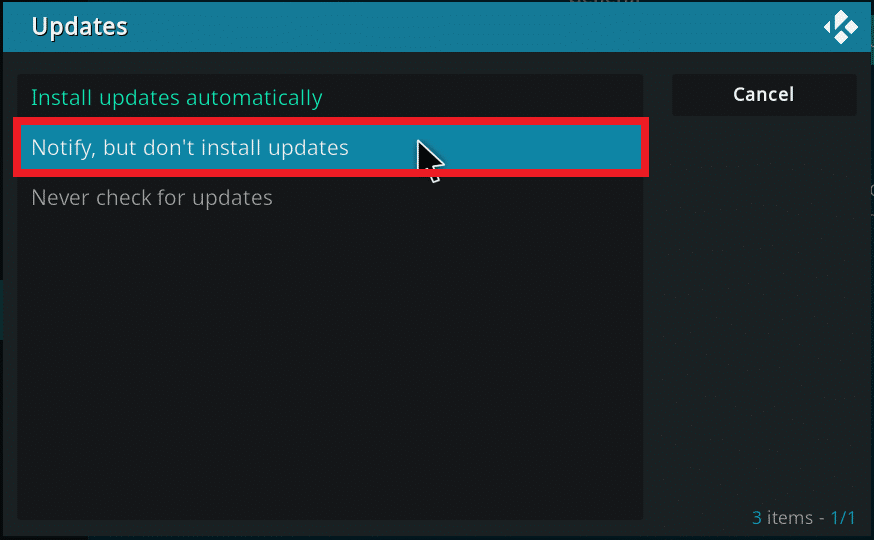 Choose the option Notify, but don’t install updates. How to Fix Kodi Keeps Crashing on Startup