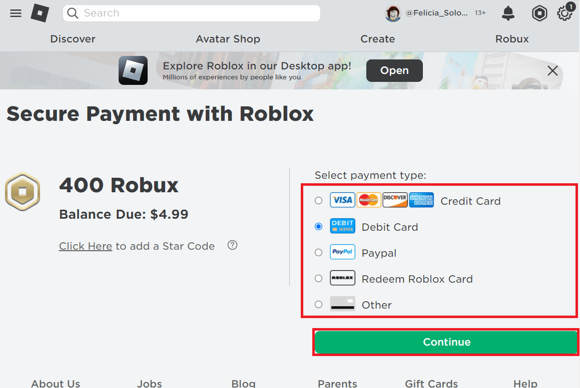 Choose the payment method to purchase the Robux and click on Continue