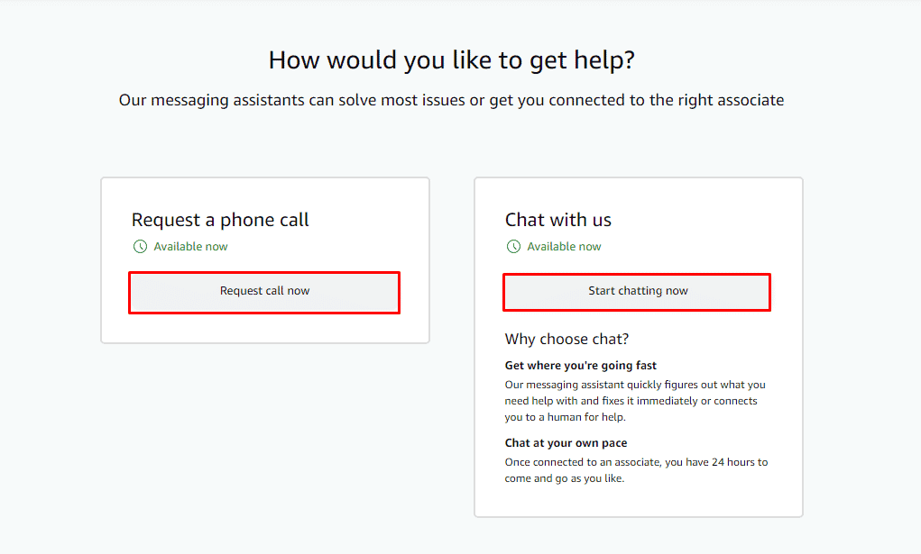 choose to connect through a call by clicking Request a call or chat by selecting Start Chatting now. | How to Get Refund on Amazon