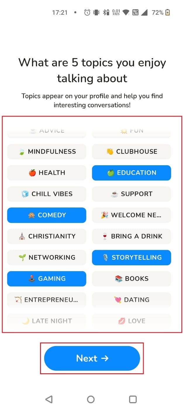 Choose topics of your interest and tap on Next