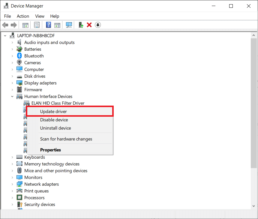 Choose Update driver option from the menu