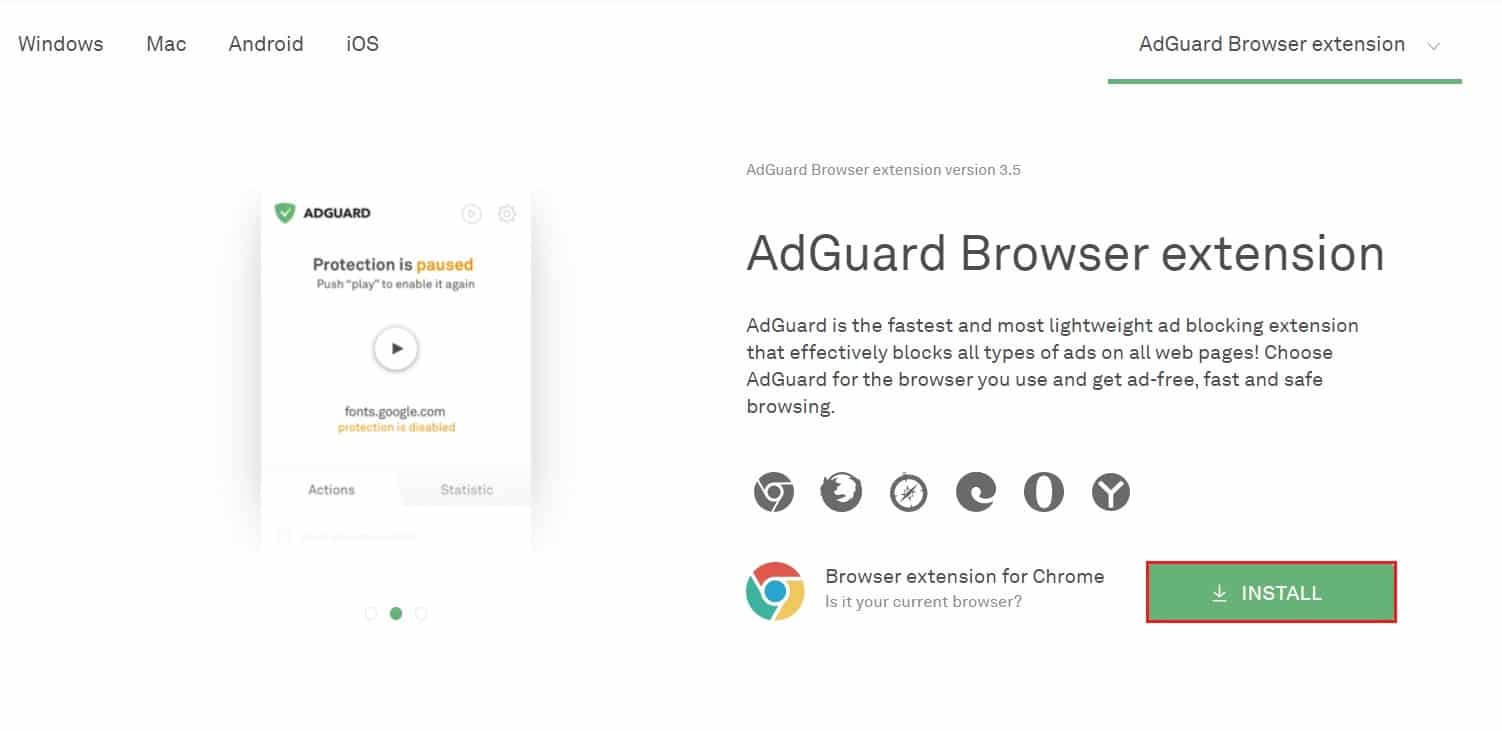 choose your browser for AdGuard extension and click in install | How to Block Ads on Crunchyroll for Free