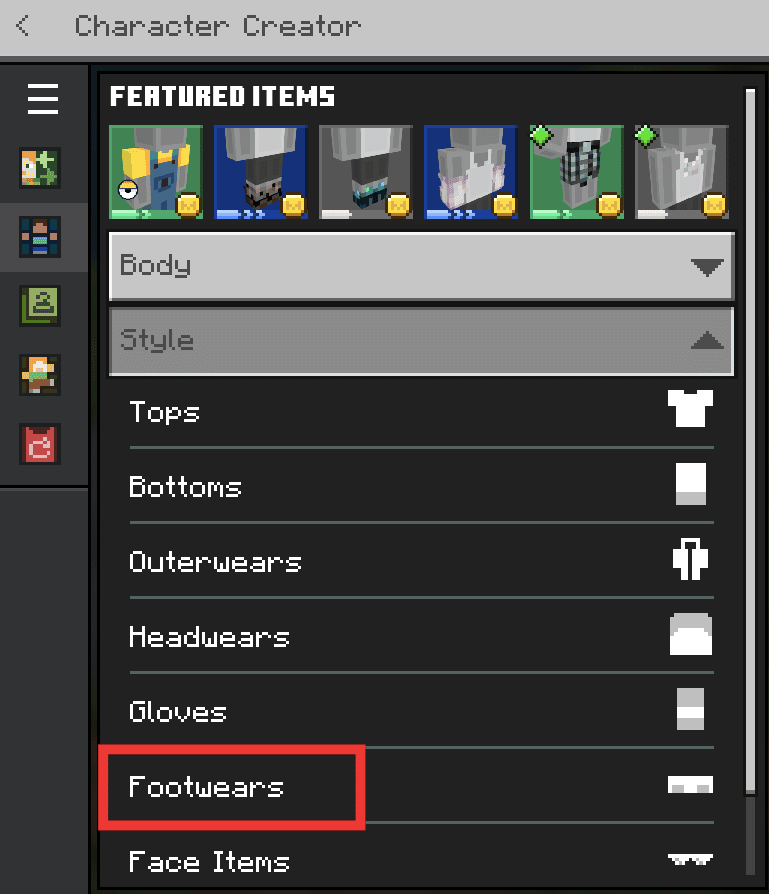 choosing footwears from menu. How to Change Skin in Minecraft PC