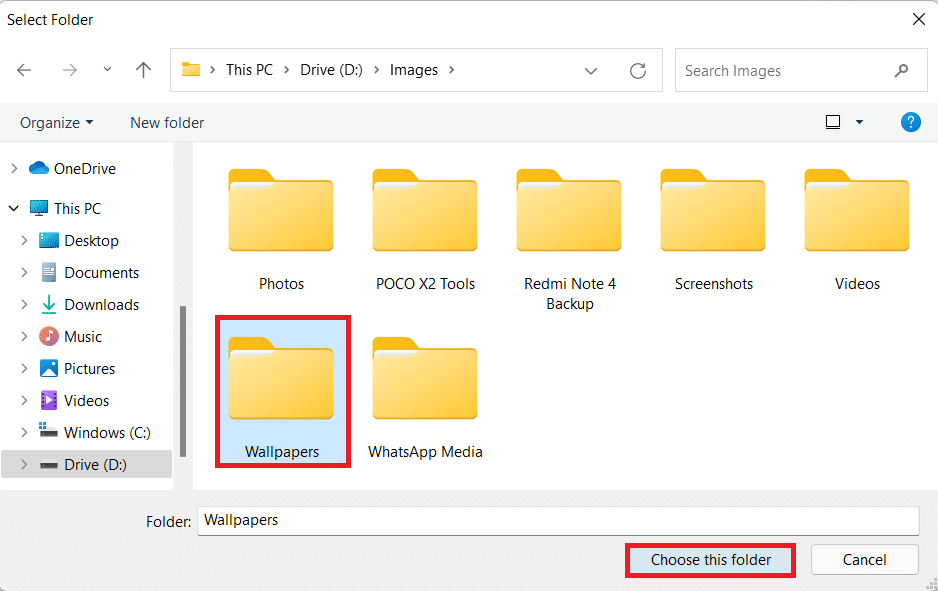 Choosing the folder containing images for the slideshow. How to change wallpaper on Windows 11
