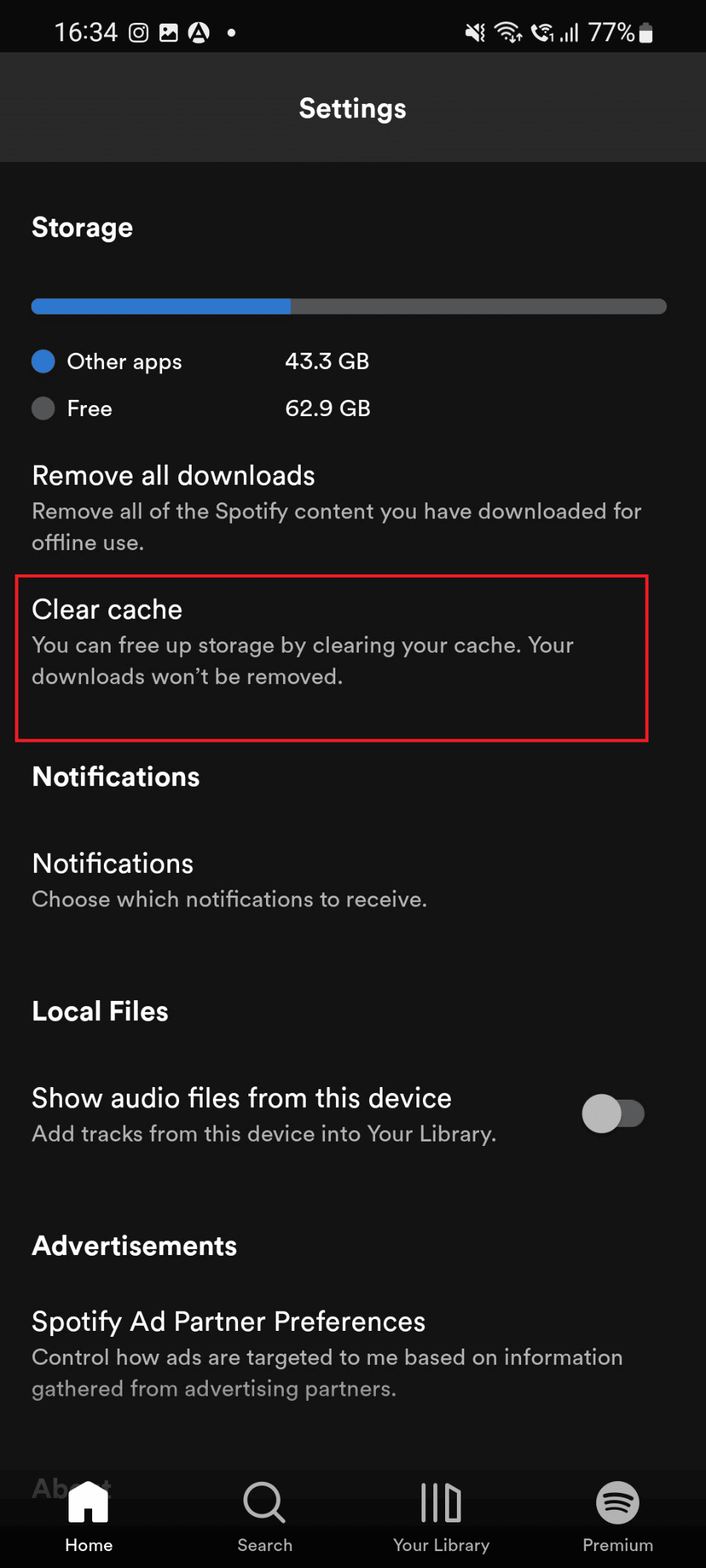 clear cache option for spotify app on android