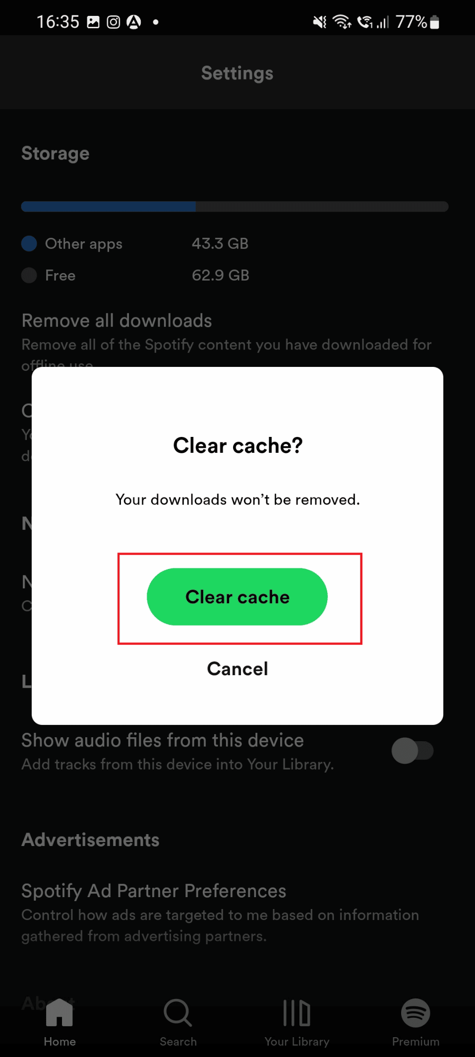 CLEAR CACHE OPTION ON ANDROID FOR SPOTIFY APP