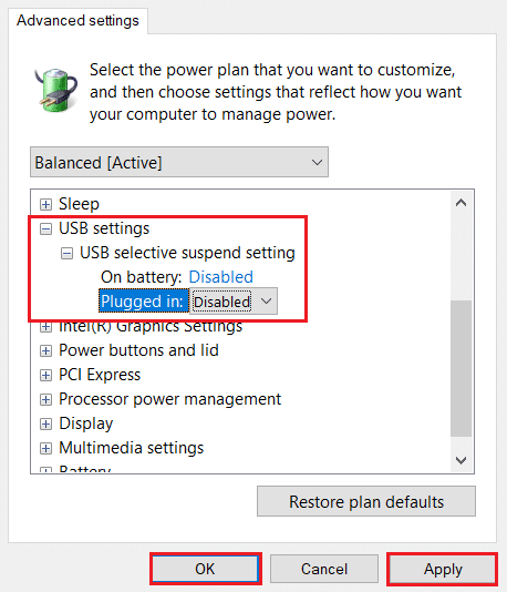 click Apply then, OK to save changes after disabling usb selective supend settings in usb settings in Change advanced power settings window