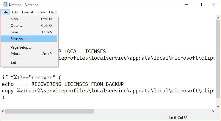 Click File then click Save As in order to Fix License Service