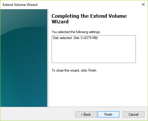 click Finish in order to complete the Extend Volume Wizard
